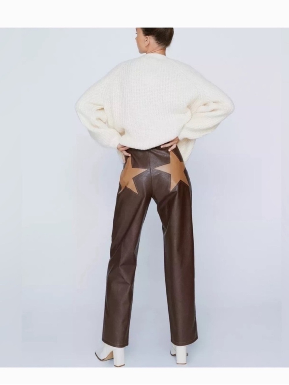 Nasty Gal Brown Star Faux Leather Straight Leg Pants Western Size 10 NWT